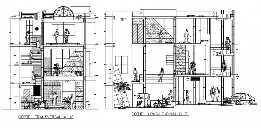 Residential apartment building transverse and longitudinal section cad drawing details dwg file