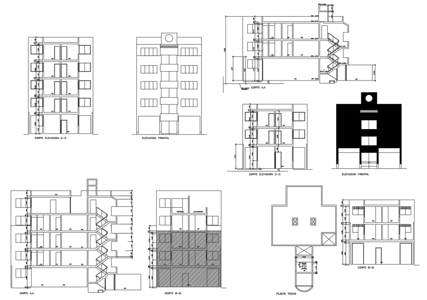Residential apartment elevation, plan and sectional drawings in dwg format