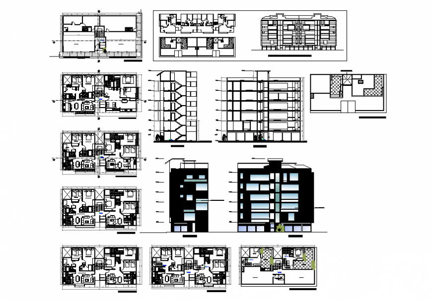 Residential apartment elevation, section and floor plan details dwg file