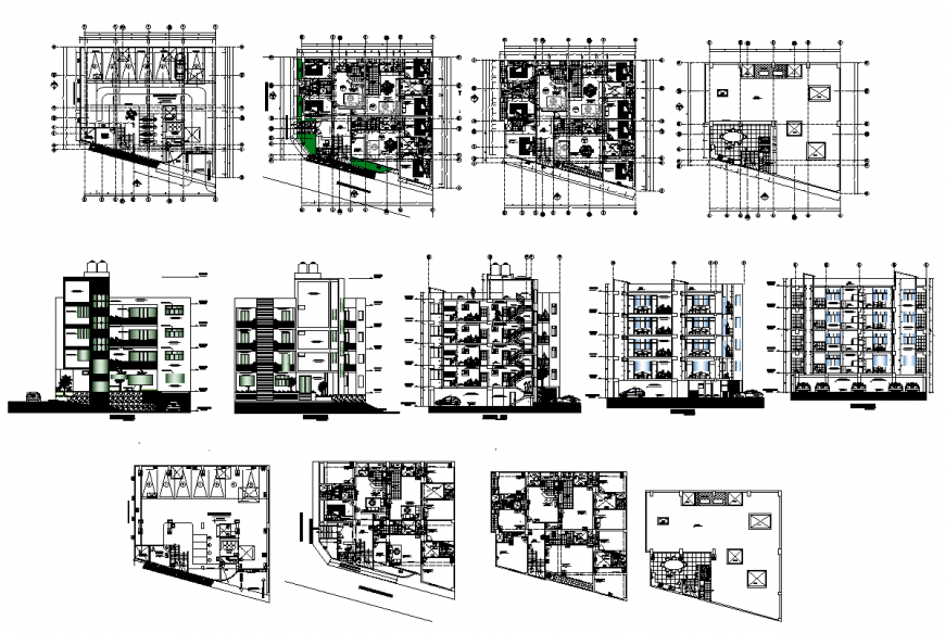 Residential apartment flats detail plan and elevation 2d view dwg file