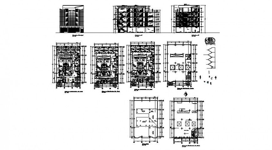 Residential apartment housing building elevation, section and floor plan details dwg file