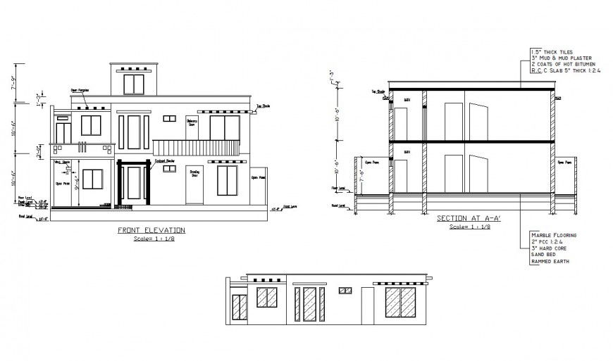 Residential area different elevation and section view in auto cad