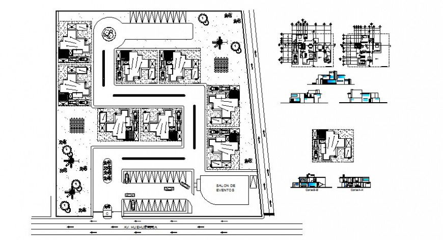 Residential area plan and housing units elevation section dwg autocad file