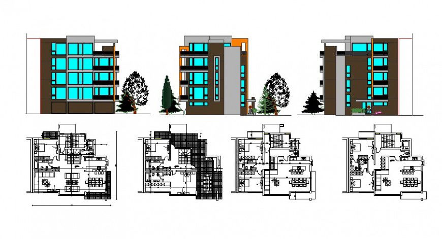 Residential building all sided elevation and floor distribution cad drawing details dwg file