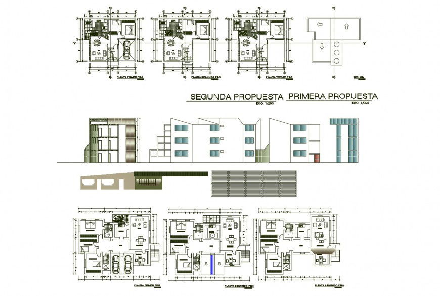 Residential building all sided elevation and floor plan distribution cad drawing details dwg file