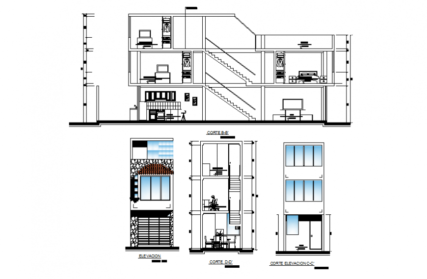 Residential building Bungalow detail plan and elevation dwg file