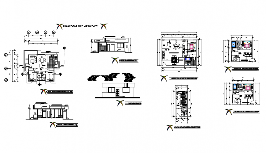 Residential building detail elevation and plan view layout dwg file