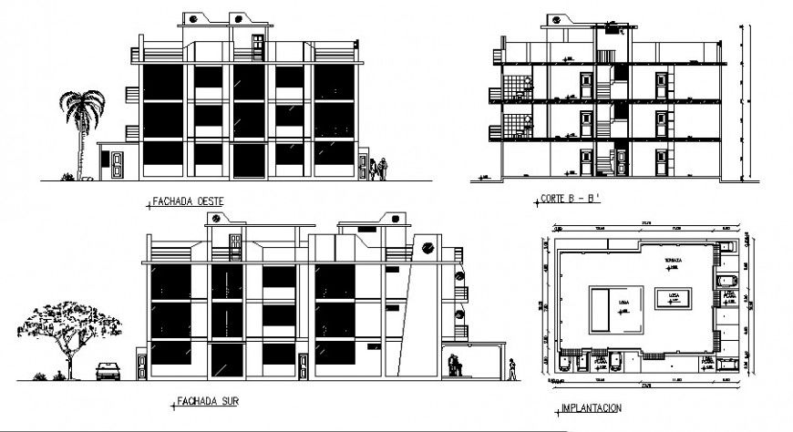 Residential building elevation, section and implication plan cad drawing details dwg file