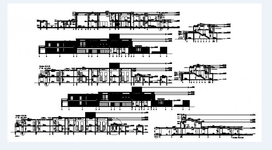 Residential building elevation and all sided section drawing details dwg file