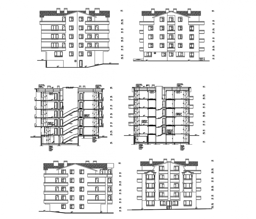 Residential building elevations and section cad drawing details dwg file