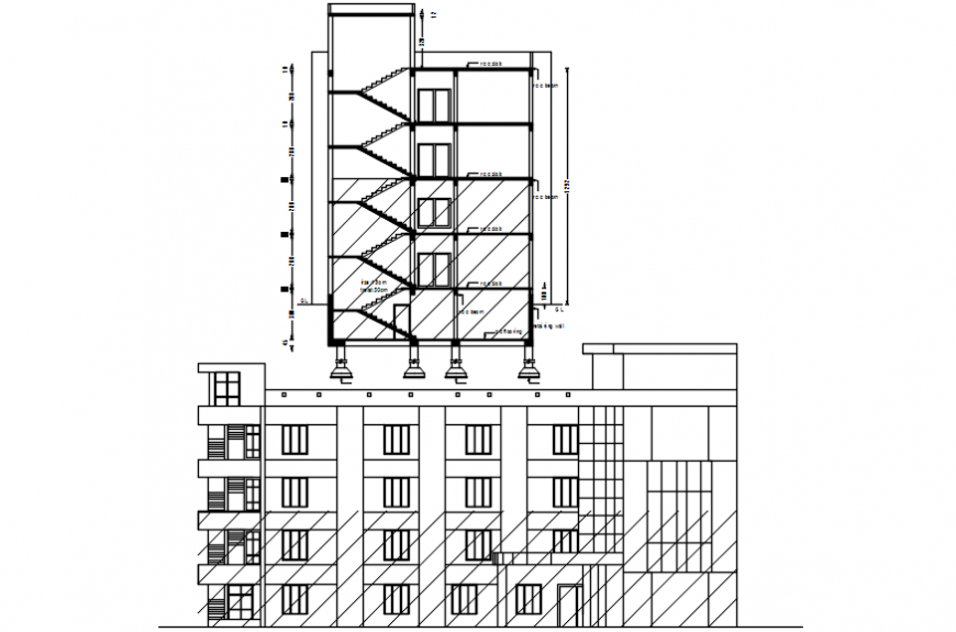 Hospital multi story building main elevation and side section drawing details dwg file
