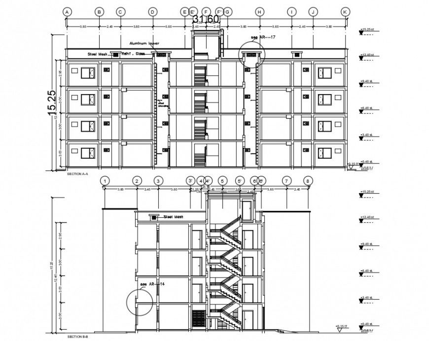Residential building main elevation and section cad drawing details dwg file
