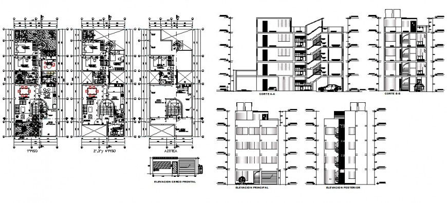 Residential building structure detail plan, section and elevation 2d view autocad file