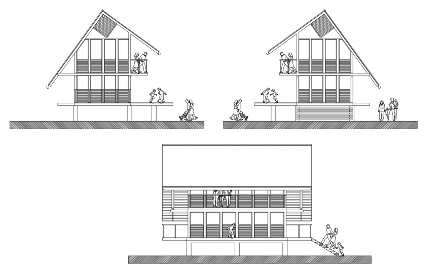 Residential bungalow all sided elevation cad drawing details dwg file
