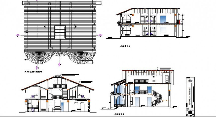 Residential bungalow all sided section and cover plan cad drawing details dwg file