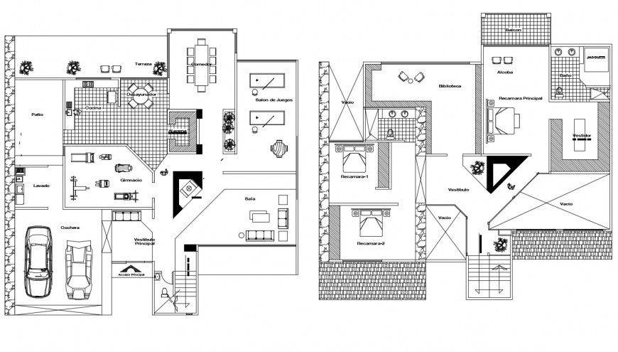 Residential bungalow detail working plan with furniture blocks 2d view dwg file
