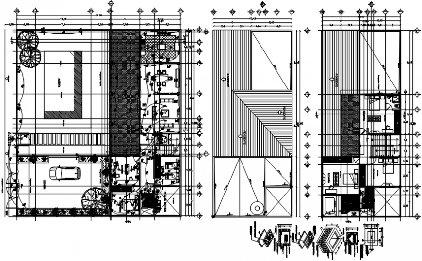 Residential bungalow distribution plan, electric installation and structure details dwg file
