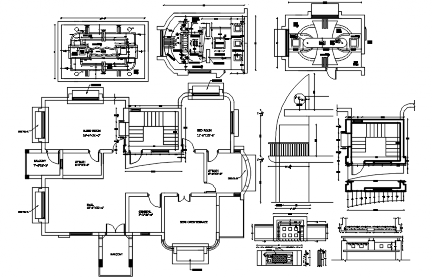 Residential bungalow layout plan and ceiling interior details dwg file