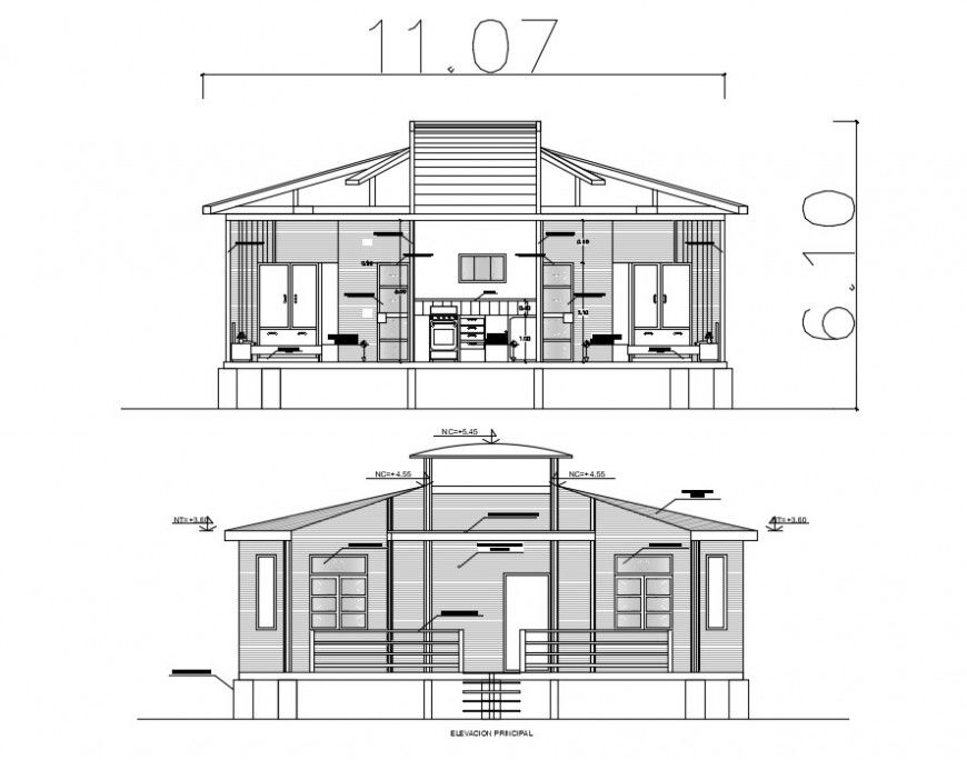 Residential bungalow main elevation and section 2d drawing details dwg file