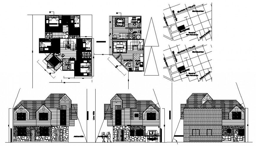Residential bungalow plan and elevation 2d drawing in Autocad