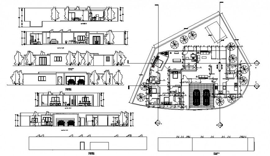 Residential bungalow plan elevation and section drawing autocad file