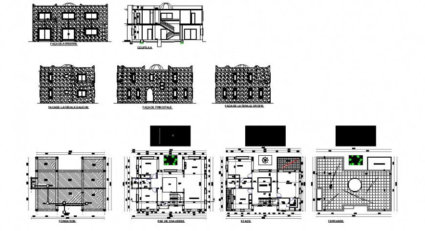 Residential bungalow plan elevation and section in autocad