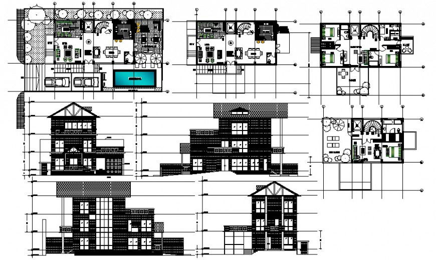 Residential bungalow work plan and elevation drawing in AutoCAD