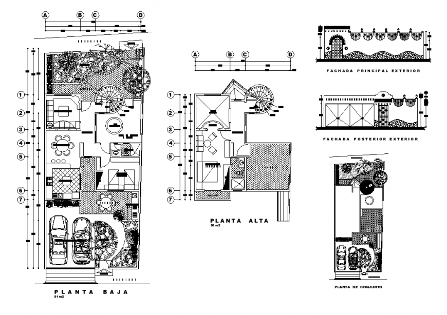 Residential bunglow detail elevation and plan view dwg file