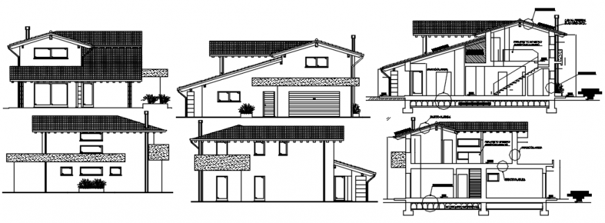 Residential cottage house elevations and sections drawing details dwg file