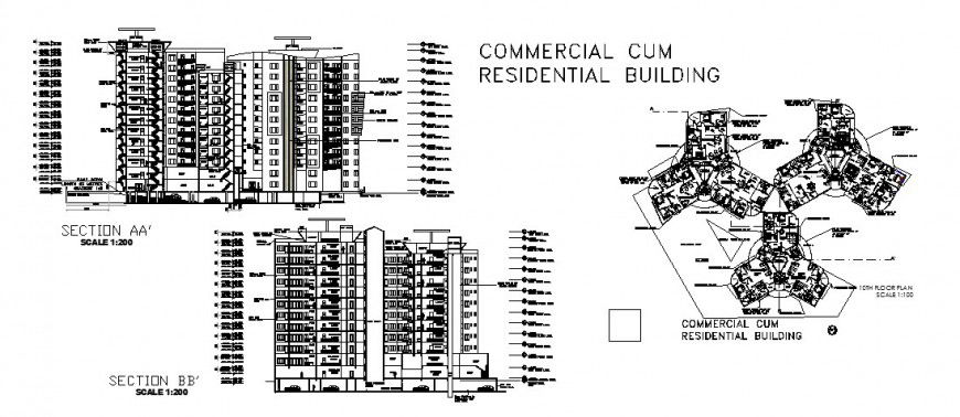 Residential cum commercial building front and back section and plan cad drawing details dwg file