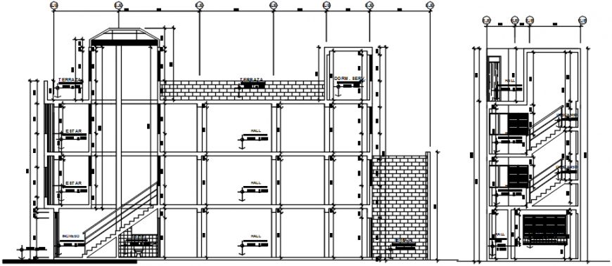 Residential flat multi-level building main and side section cad drawing details dwg file