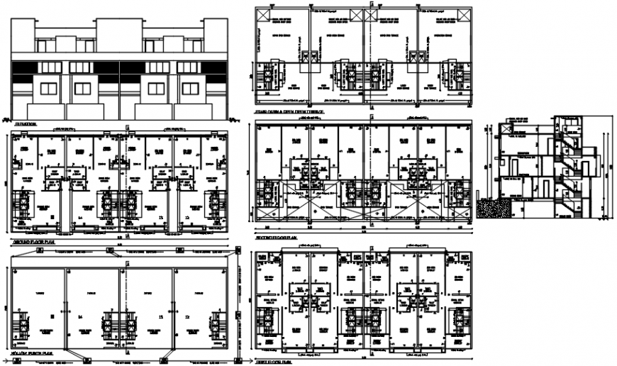 Residential flats building elevation, section and floor plan drawing details dwg file