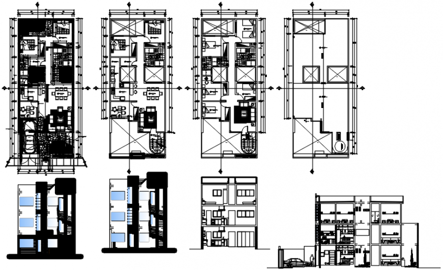 Residential flats building elevations, section and floor plan auto-cad drawing details dwg file