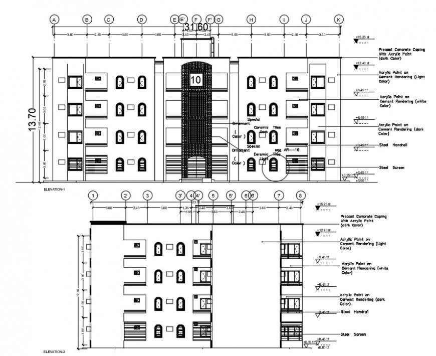 Residential flats building front and back elevation cad drawing details dwg file