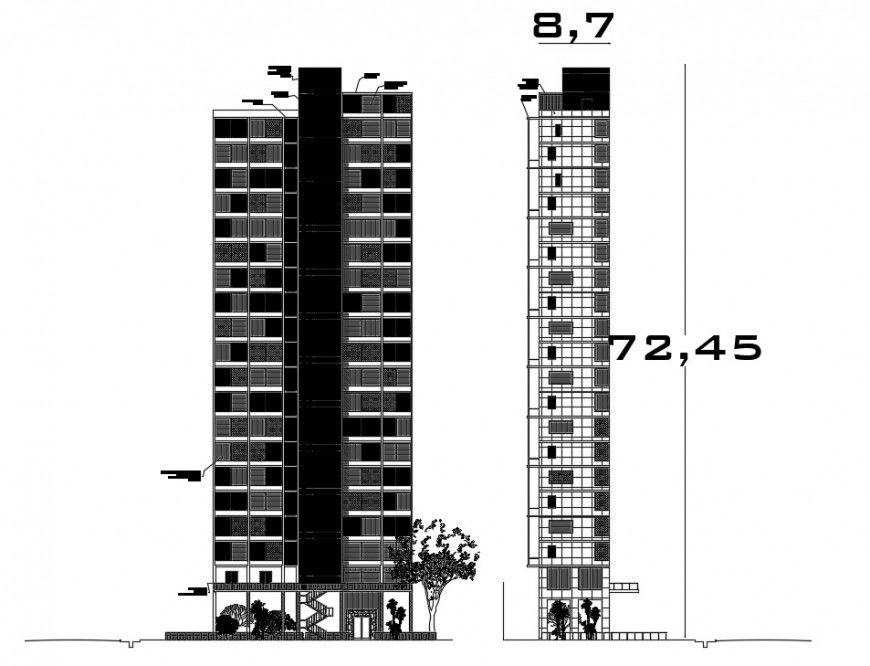 Residential high rise building elevation and section drawing details dwg file