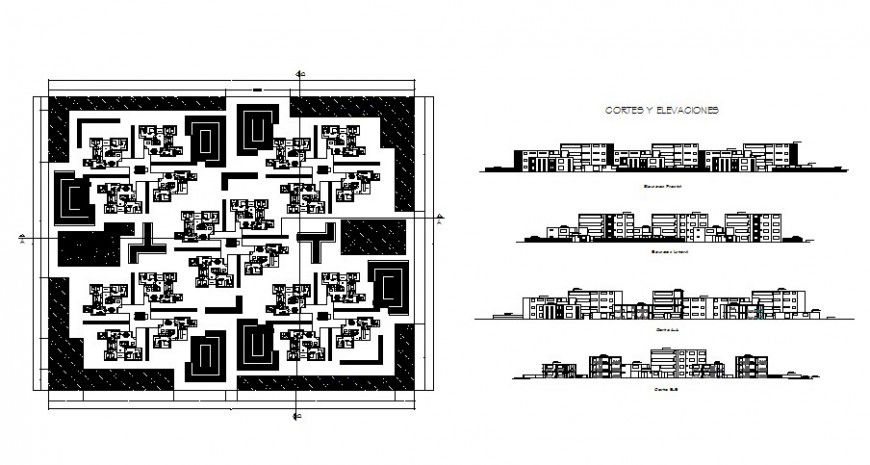 Residential hosing complex elevation, section and floor plan cad drawing details dwg file