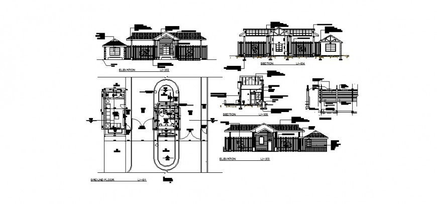 Residential house all sided elevation, floor plan and structure details dwg file