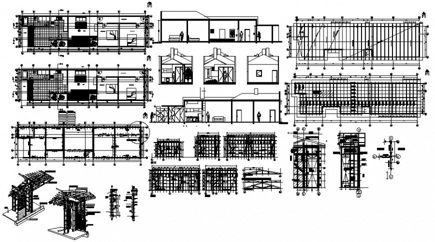Residential house all sided section, structure and floor plan cad drawing details dwg file