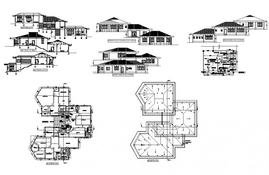 Residential house Building structure 2d view layout plan, elevation and section dwg file