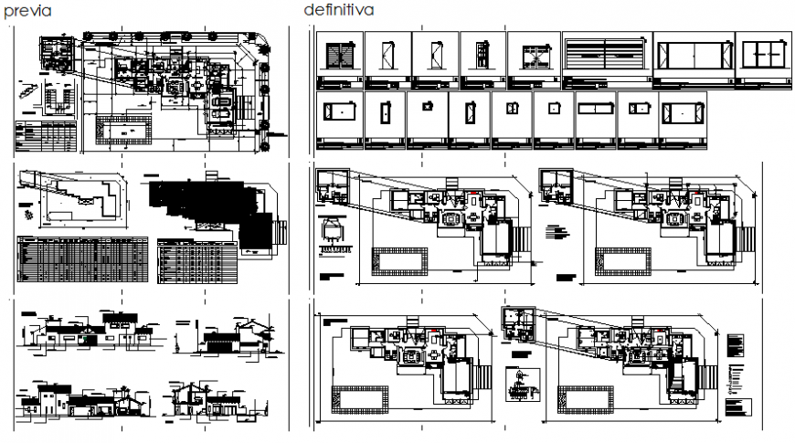 Residential house elevation, section, floor plan, doors installation and auto-cad details dwg file