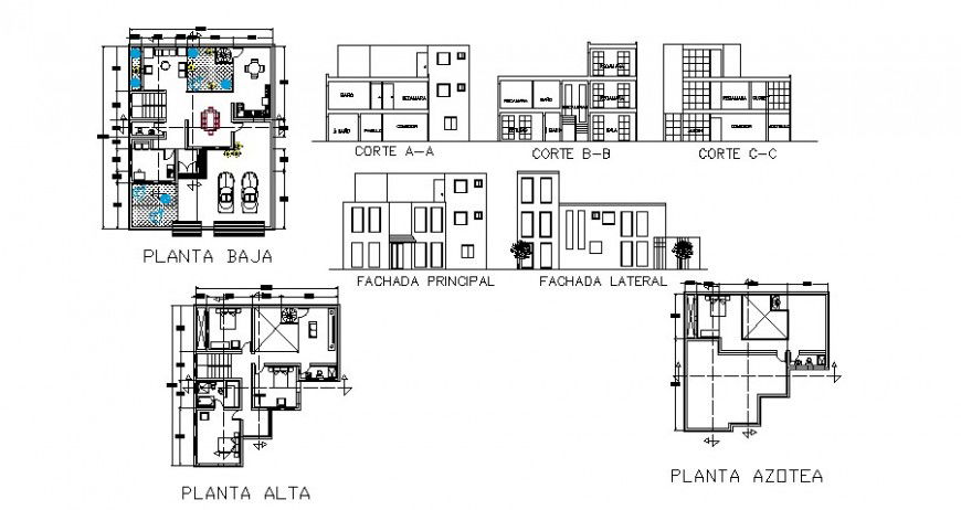 Residential house elevation, section, floor plan and cover plan cad drawing details dwg file