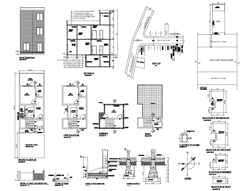 Residential house elevation, section, floor plan and structure cad drawing details dwg file