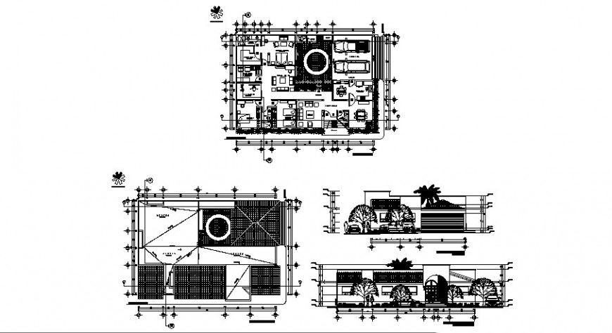 Residential house elevation, section, layout plan and cover plan details dwg file