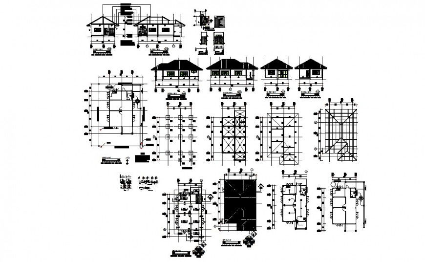 Residential house elevation, section, plan, structure and construction details dwg file