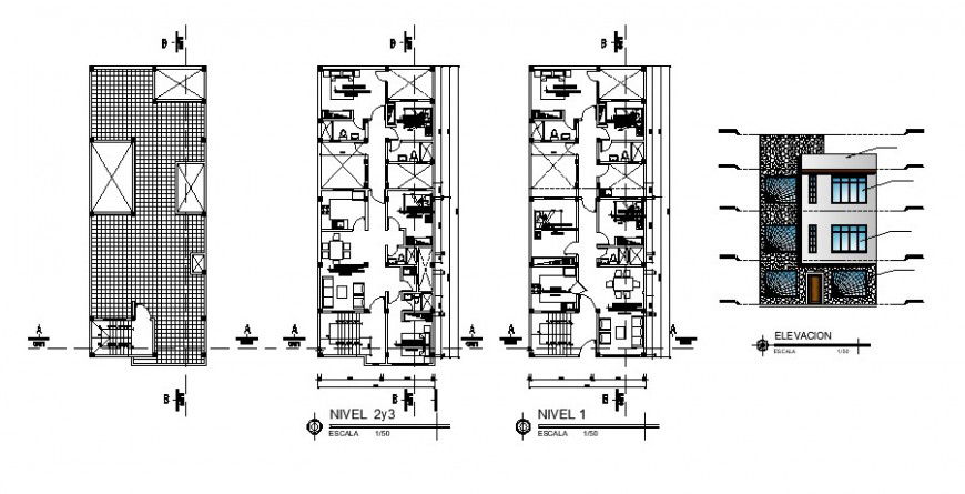 Residential house elevation and plan 2d view autocad file