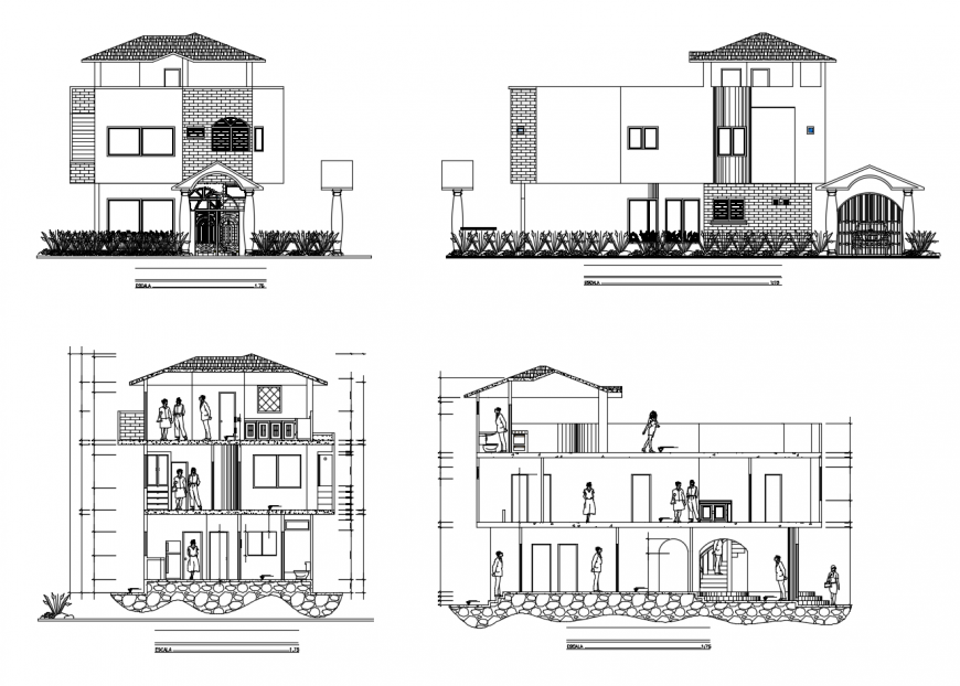 Residential house elevation and section 2d view autocad file