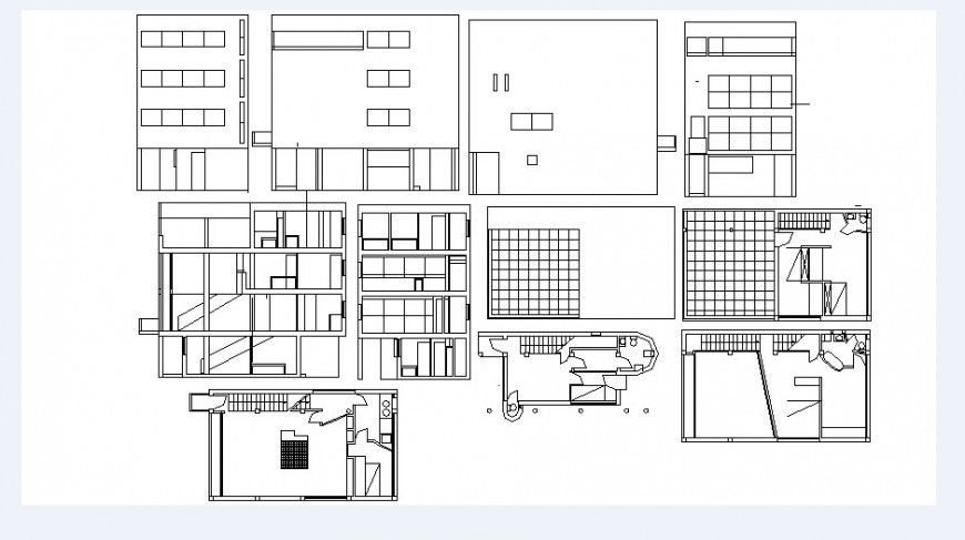 Residential house elevations, floor plan, furniture and interior details dwg file