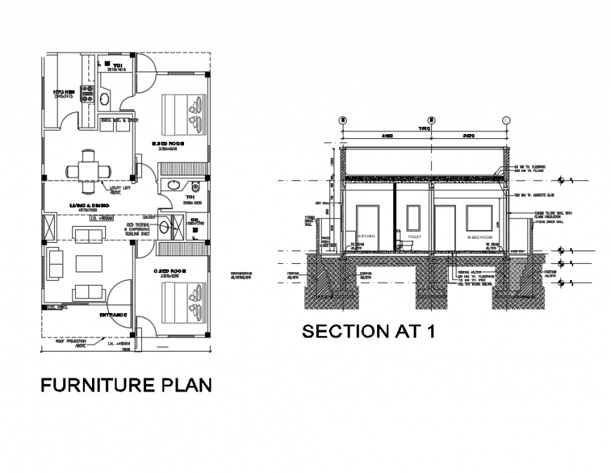 Residential house facade section with layout plan and furniture plan details dwg file