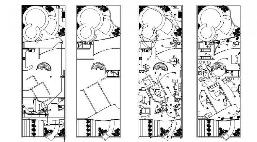 Residential house floor plan distribution and landscaping details dwg file