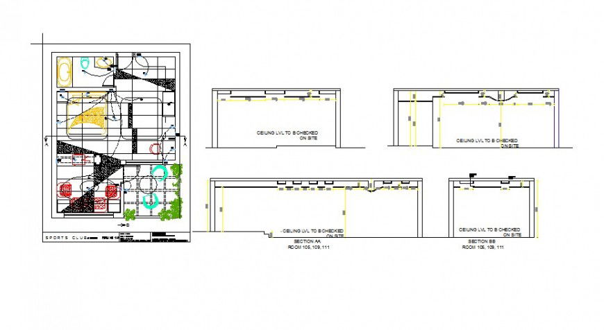 Residential house for sports man plan, electrical and ceiling details dwg file